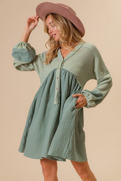 WAFFLE KNIT LONG SLEEVE DRESS