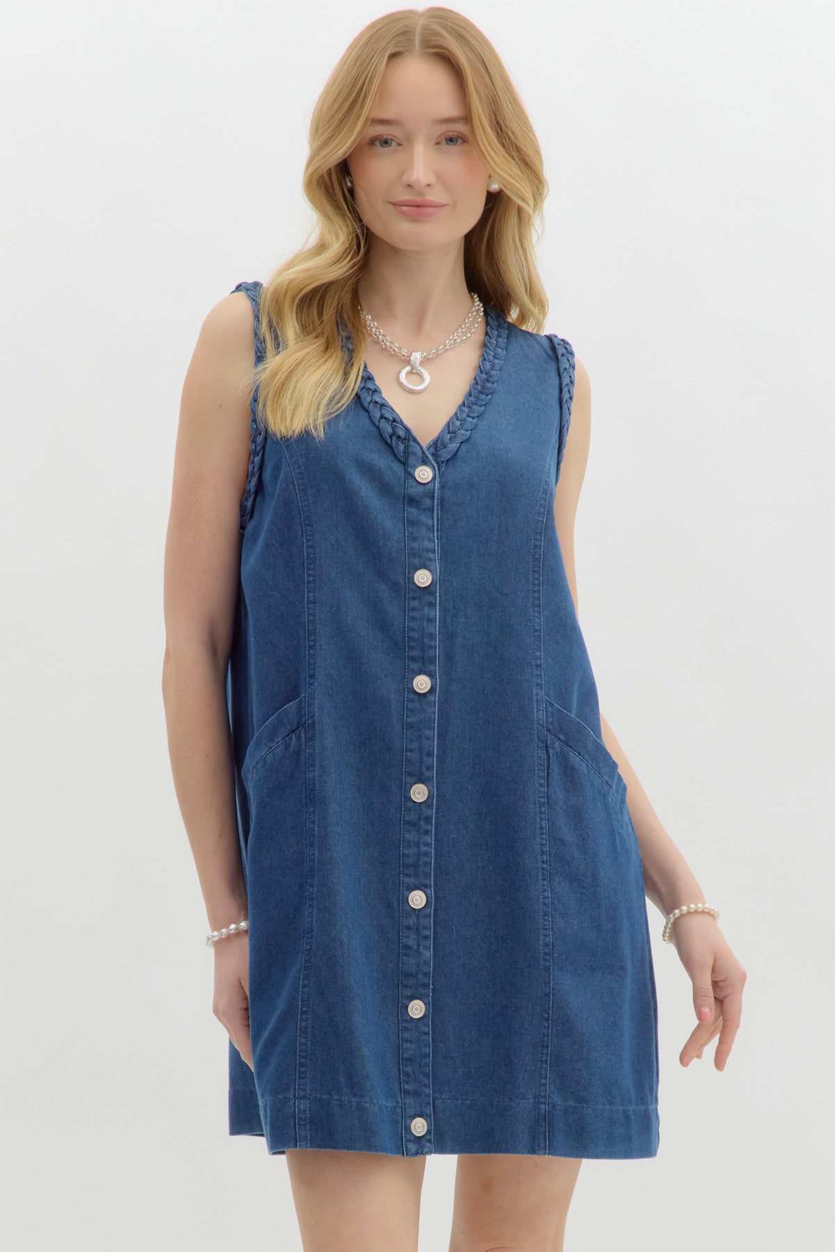 DENIM V-NECK BUTTON UP DRESS
