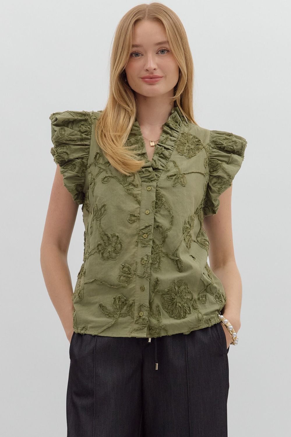 OLIVE FLUTTER SLEEVE TOP