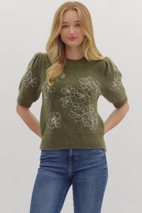 OLIVE SWEATER WITH FLORAL DETAIL