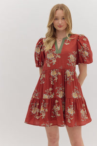 RUST FLORAL TIERED DRESS