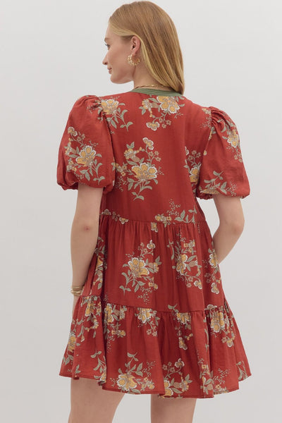 RUST FLORAL TIERED DRESS