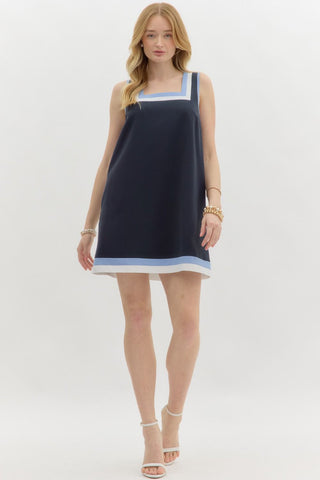 NAVY SHIFT DRESS WITH SQUARE NECK