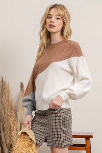 BEIGE AND GRAY COLOR BLOCK SWEATER