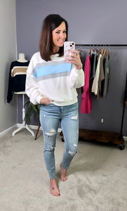 LIGHT BLUE, GRAY AND WHITE STRIPED TOP