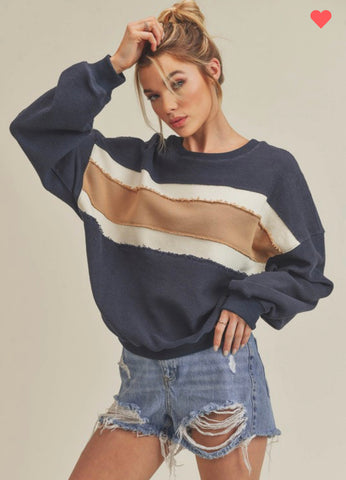 TAN AND NAVY COLOR BLOCK TERRY SWEATSHIRT